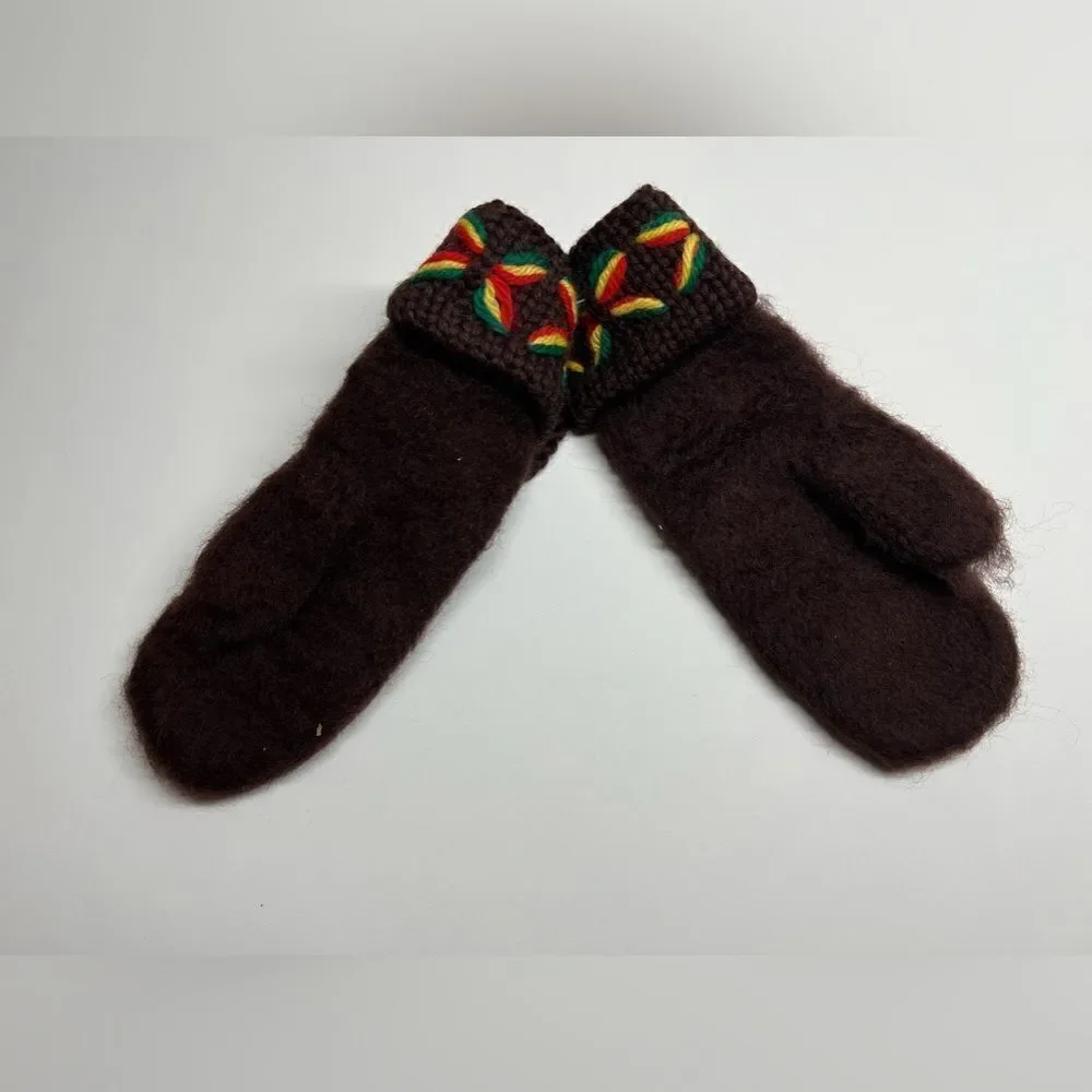 100% Wool Handmade Yellow And Brown Mittens/Gloves size 6 Made in Norway